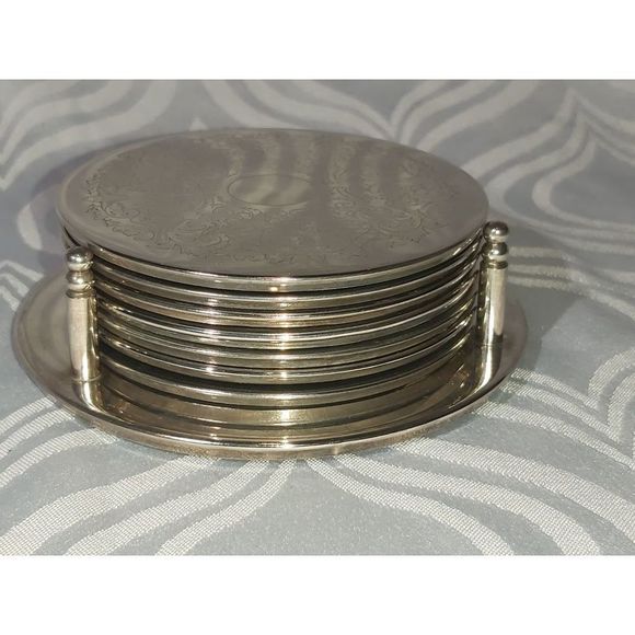 Vintage Beautiful Silver Plated Set-Of-Six Drinking Glass Coasters With Stand - Picture 1 of 7